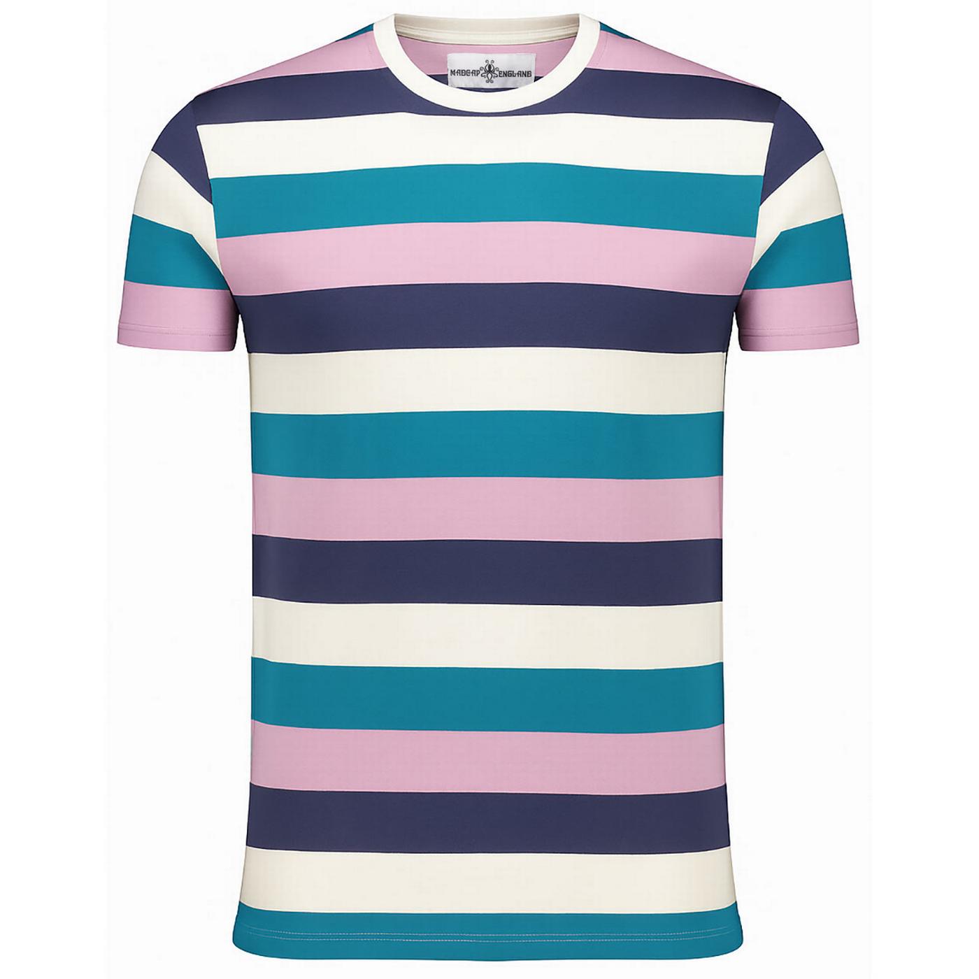 Beatcomber Madcap England Retro 60s Block Stripe T-shirt in Deep Lake Mix  - Short sleeve Crew Neck Retro Tee - Front View