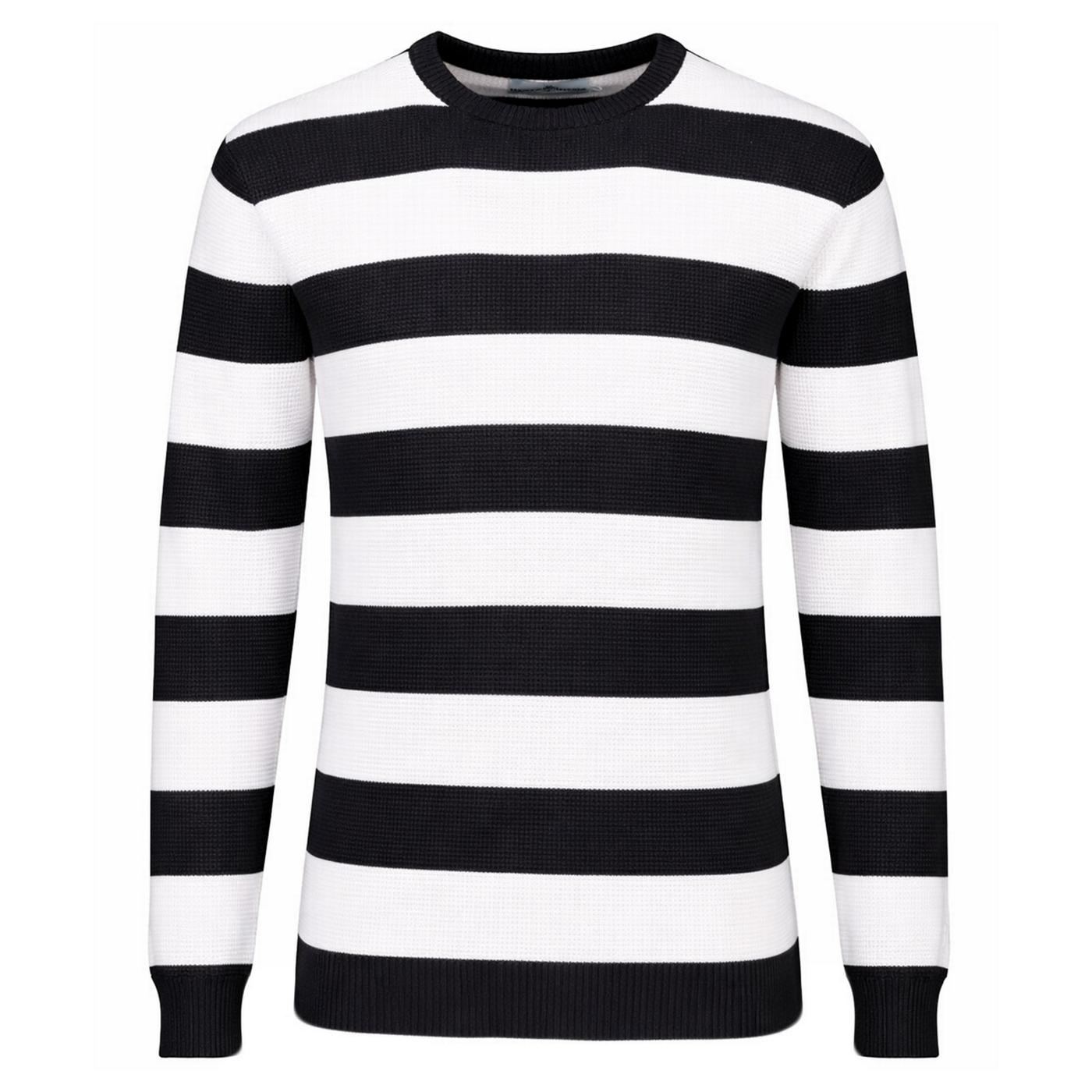 Madcap England Jones 1960s Mod Waffle Knit Block Stripe Jumper in Black and White - Main View