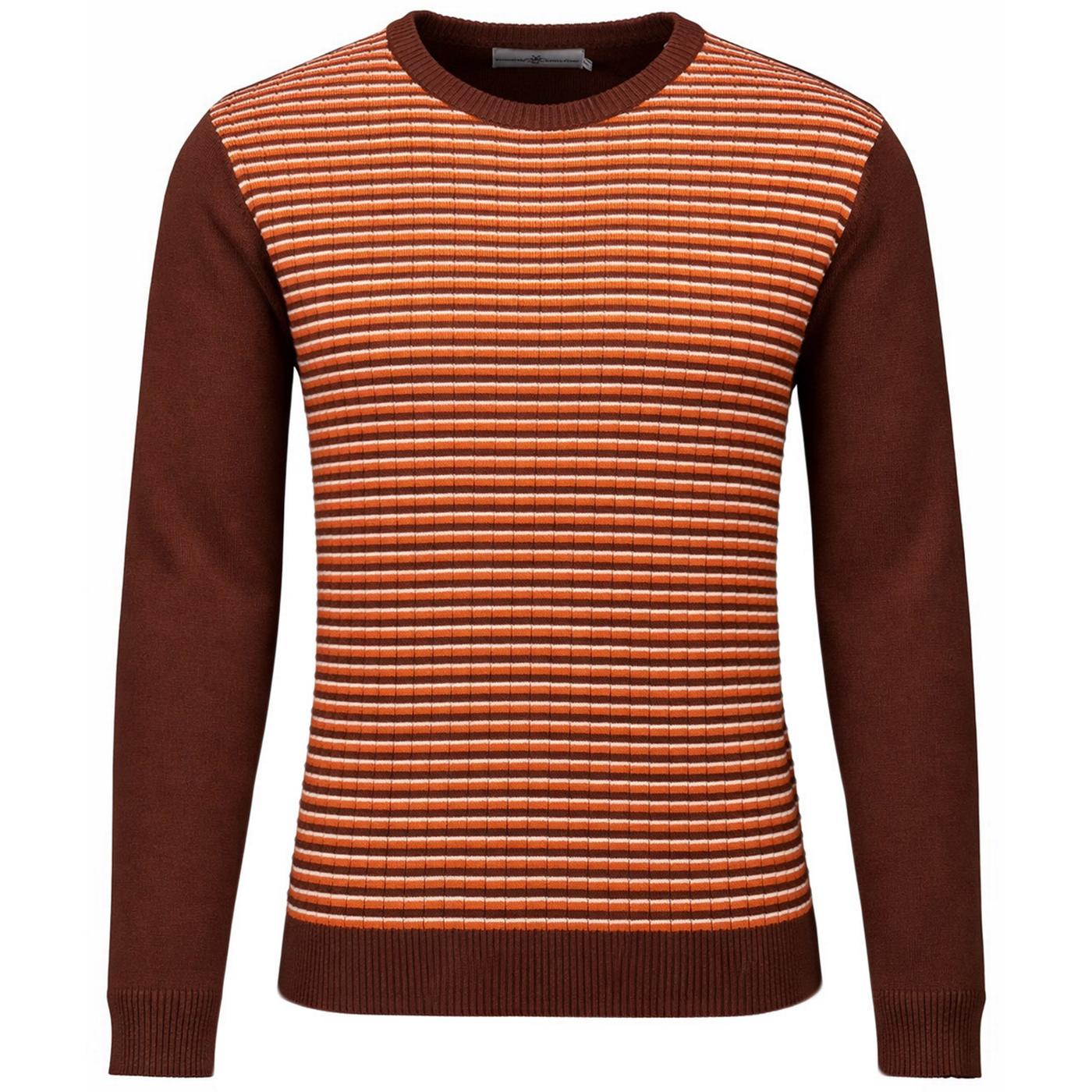 Revolution Retro 1970s Ribbed Stripe Crew Neck Jumper in Potting Soil - Main View