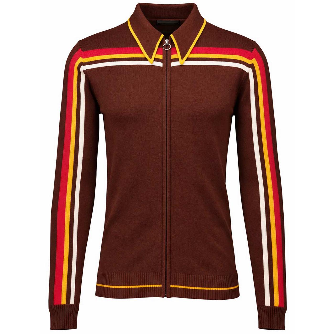 Madcap England Retro 70s Stripe Knitted Track Top in Potting Soil - Front View