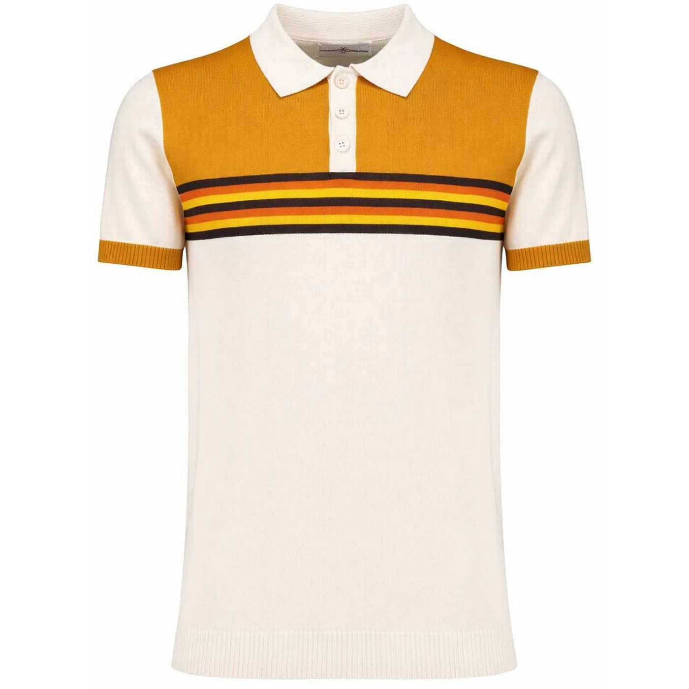 Madcap England Retro Rewind 1970s Northern Soul Chest Stripe Colour Block Knitted Men's Polo Shirt in Birch