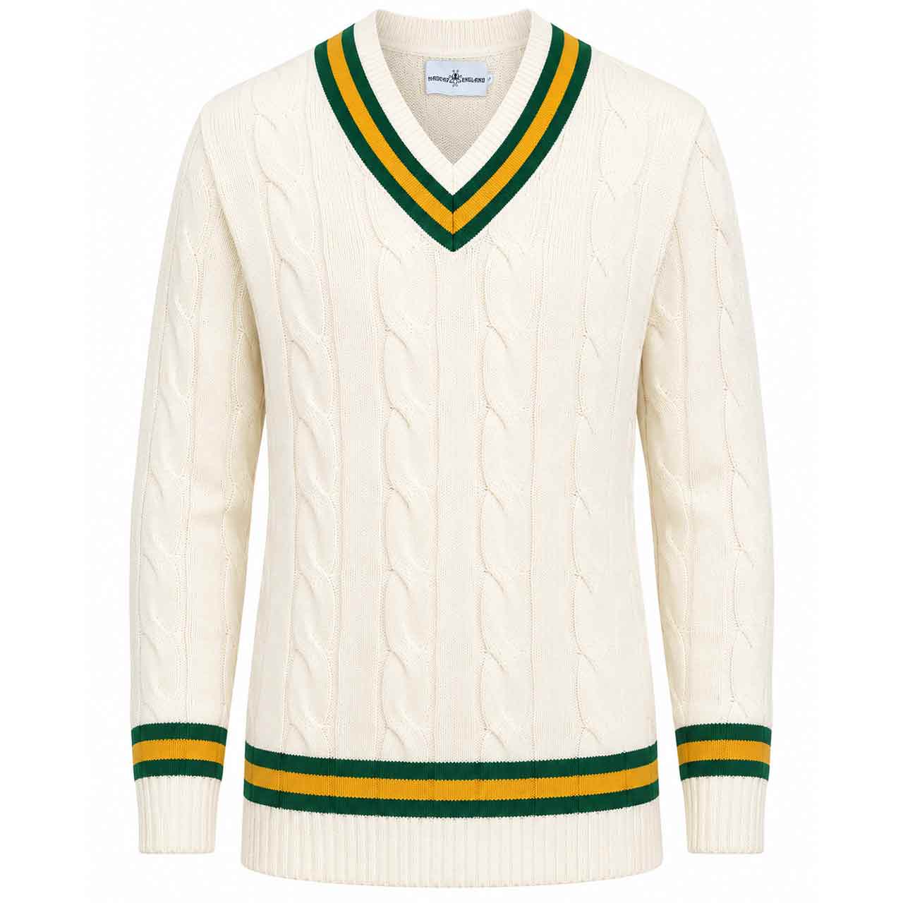 Arthur Men's Retro Tipped V-neck Cable Knit Cricket Jumper in Snow White