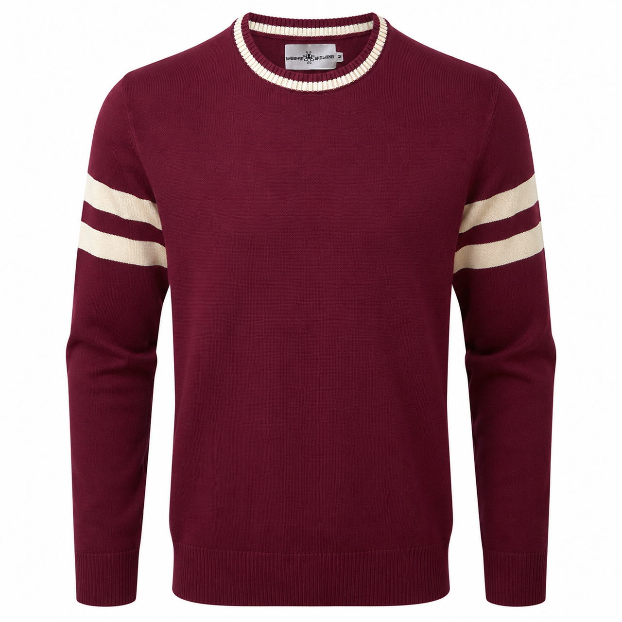 Madcap England Columbia Varsity Stripe Ivy League Knitted Jumper in Zinfandel Front View