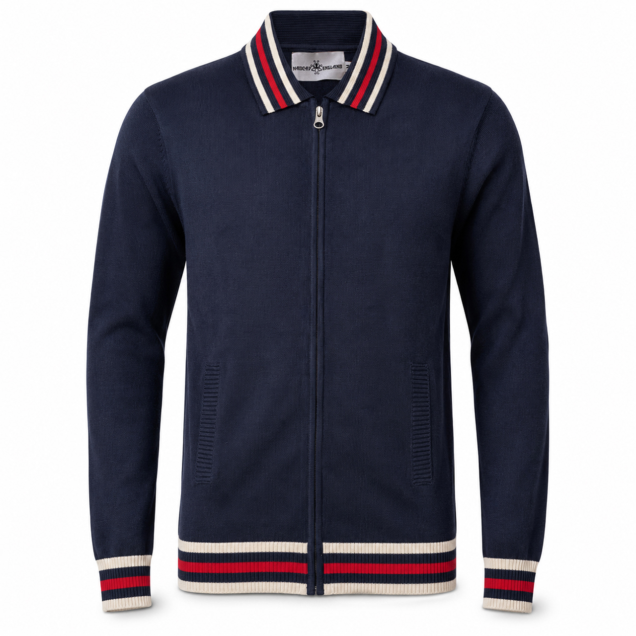 Madcap England Stevie Retro Stripe Collar Knitted Track Top in Navy Blazer Front View