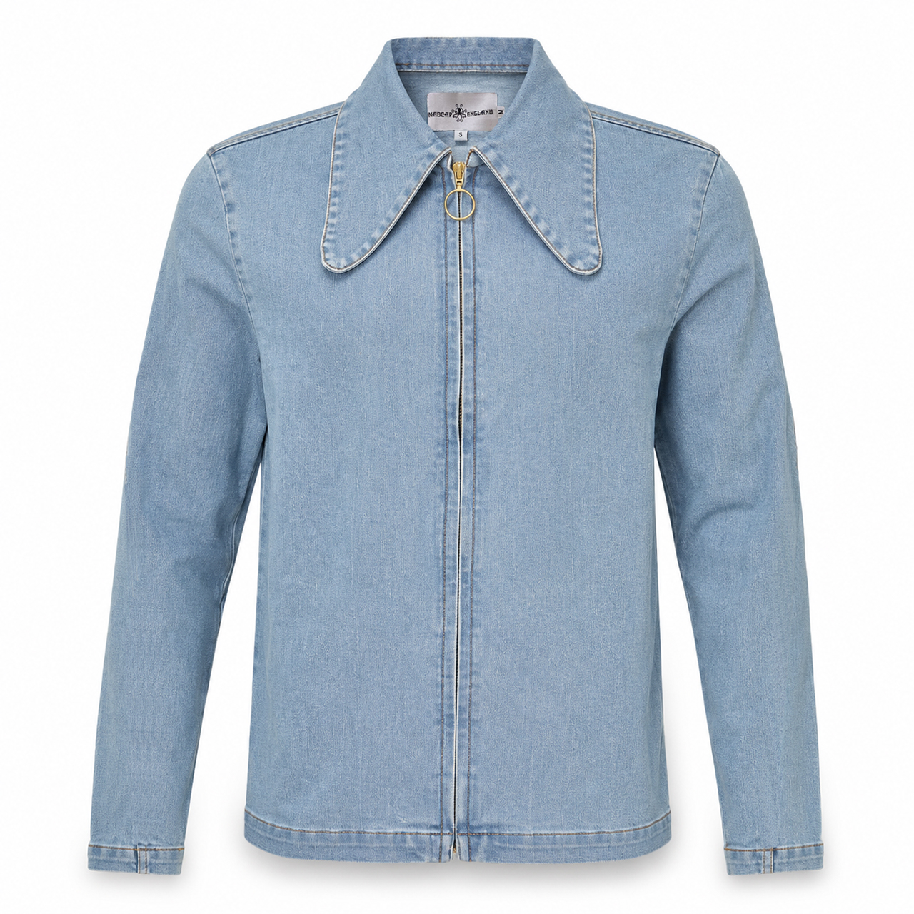 Madcap England Ziggy Beagle Collar Denim Jacket in Bleach Wash - front view with classic retro beagle collar and regular fit