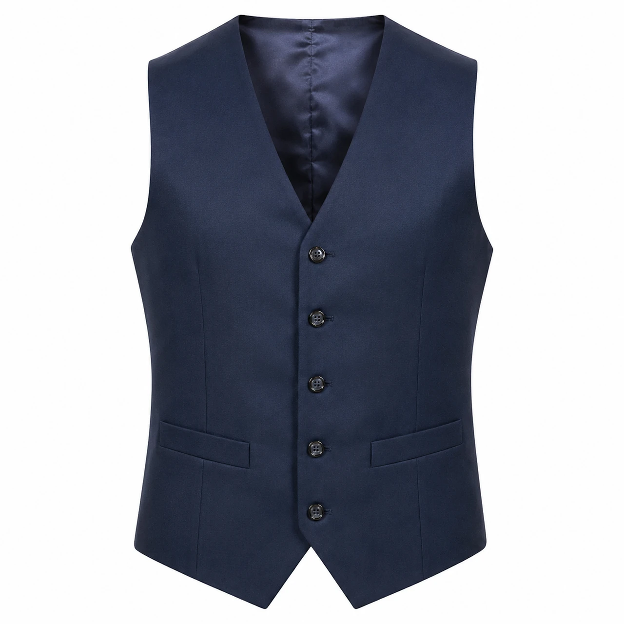 Madcap England Men's Mod Tailored Slim Fit Waistcoat in Navy showing 5 button fasten and pocket detail