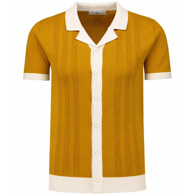 Riviera Men's Retro 50s Revere Collar Knitted Shirt in Buckthorn