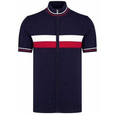 Madcap England Sanremo Mod Zip Through Stripe Knit Cycling Top in Navy