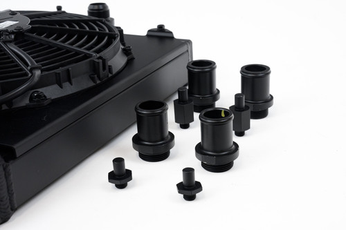 CSF Universal Half Radiator w/-16AN & Slip-On Fittings/12in SPAL Fan & Shroud - Black Finish - 2858XB Photo - Close Up