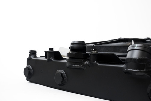 CSF Universal Half Radiator w/-16AN & Slip-On Fittings/12in SPAL Fan & Shroud - Black Finish - 2858XB Photo - Close Up