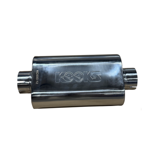 Kooks 3in Oval Clamp In Center/Center Muffler 12in Long Body Polished Stainless Steel - KO300-12-CI Photo - Unmounted