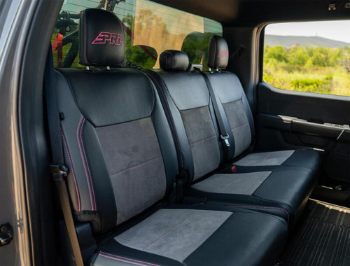 PRP 2021+ Ford 150/ 2023+ SuperDuty Rear Seat Covers (Pair) - Black w/ Red Stitch - B096-01 Photo - Close Up