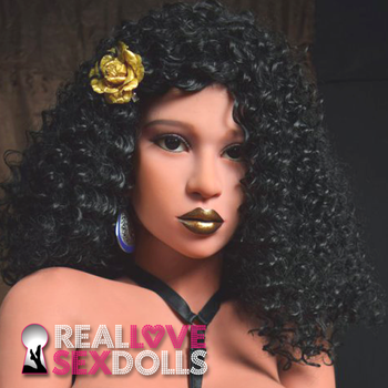 Shoulder-length black wig with tight curls and center part for premium TPE sex dolls