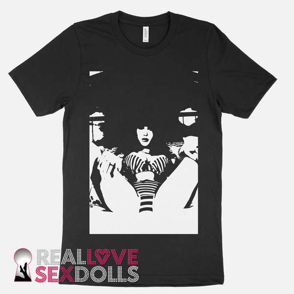 black Tee T-shirt  with white screen print of sex doll