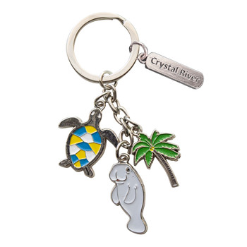 Crystal River Metal Keychain With 3 CharmsTurtle Manatee Palm Tree