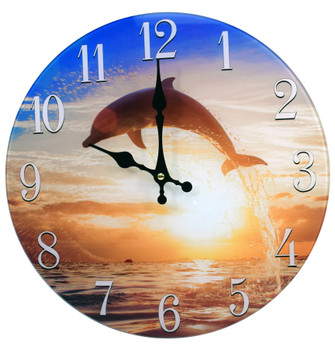 Dolphin Sunset Glass Clock 13"