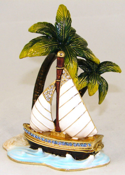 Jeweled "Sailboat & Palms" Box 3 3/4"