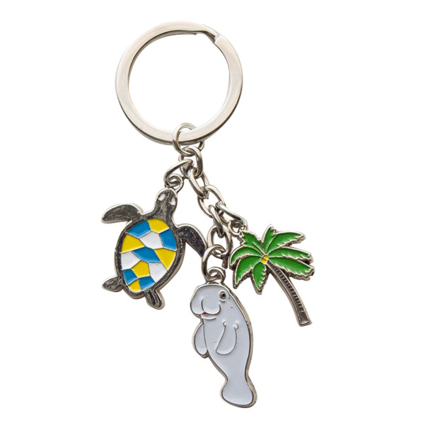 Metal Keychain With 3 CharmsTurtle Manatee Palm Tree