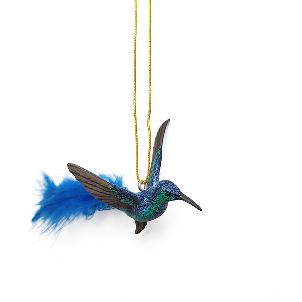 Blue Hummingbird Ornament wit Feathers