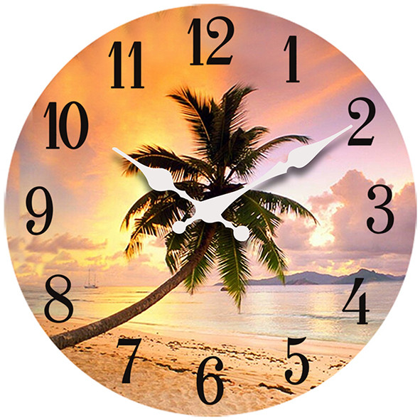 Palm Sunset Wood Clock 13"X 13"