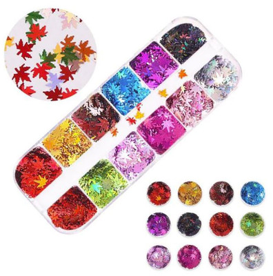 NDi beauty Ice Mylar Nail Art Sparkly Glitter Silver Laser Maple Leaf - 12 Colors