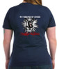 Ladies cotton V neck t-shirt - My weapon of choice, a Belgian Malinois  - Navy with the design on the back of the shirt.