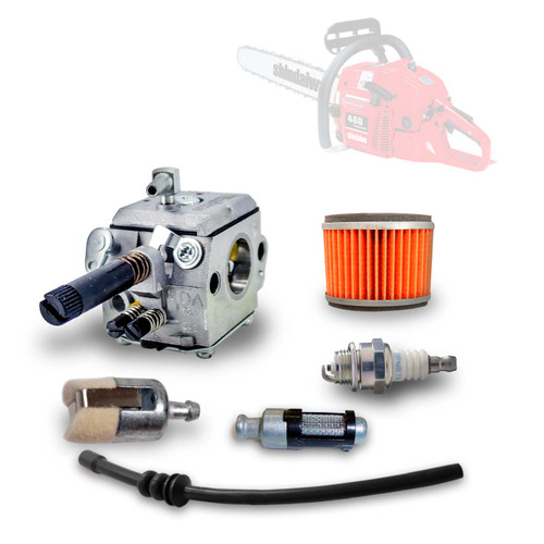 SHINDAIWA 488P COMPLETE CARBURETOR AIR-OIL-FUEL FILTERS SPARK PLUG FUEL LINE KIT OEM