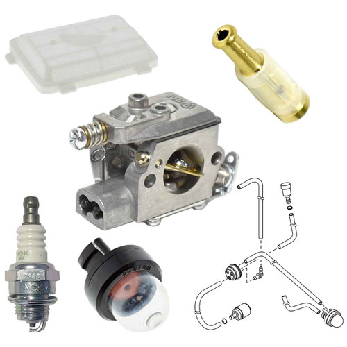 SHI 335s COMPLETE CARBURETOR AIR-OIL-FUEL FILTERS SPARK PLUG FUEL LINES PRIMER BULB KIT