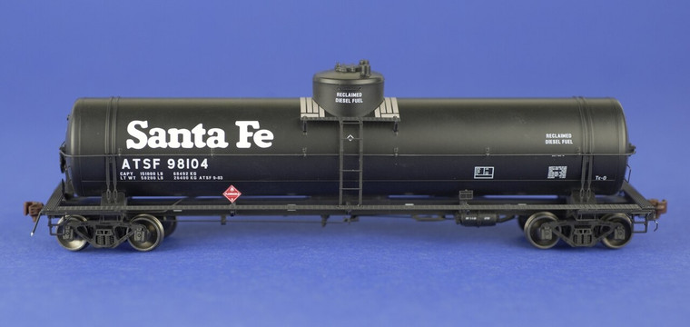 HO GATC Tank Car, ATSF #98104, Reclaimed diesel fuel service with 1970s Santa Fe logo lettering