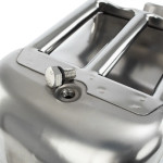 Close-up of the integrated air valve vent screw on a stainless steel jerry can showing the high-quality threading and seal.
