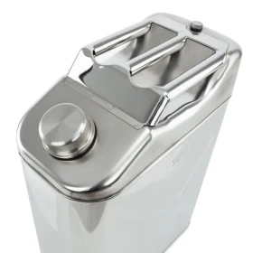 Top view of stainless steel jerry can for water storage featuring a triple-handle grip, knurled sealing cap, and integrated rear vent screw.