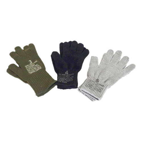 Military Wool Glove Liners in Olive Drab, Black, and Gray