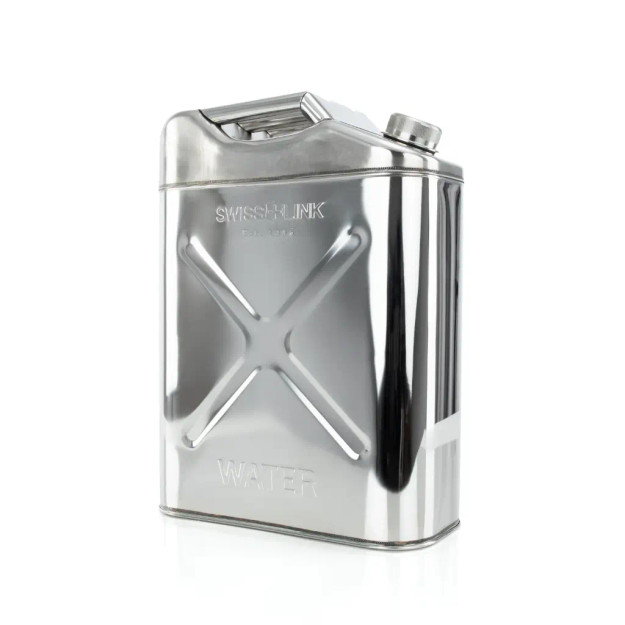 Polished 20 liter stainless steel jerry can for water storage featuring a 14-inch spout and heavy-duty knurled cap.