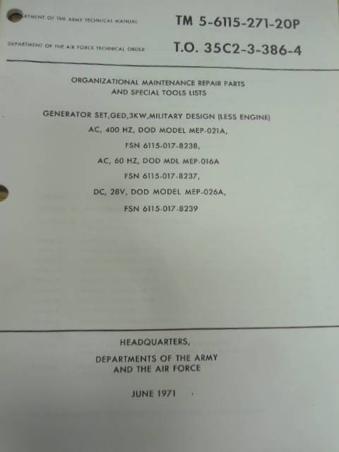 US Army TM 5-6115-271-20P 3KW Generator Set Manual