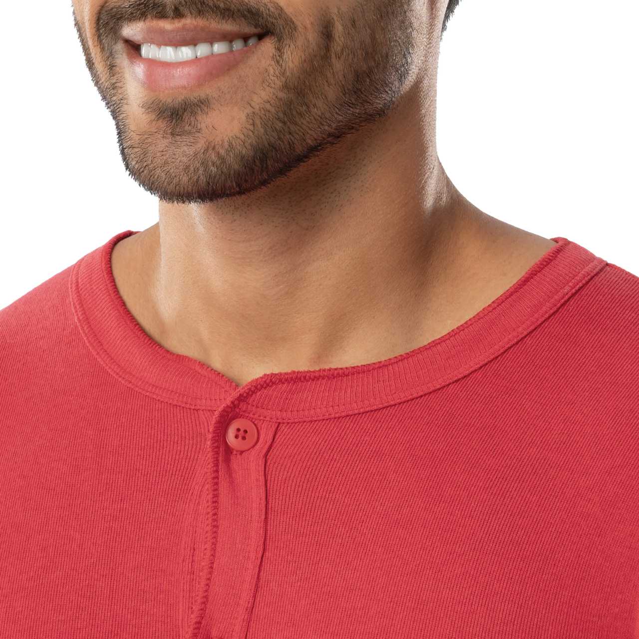 Closeup of crew neckline of red union suit Closeup of crew neckline of red union suit