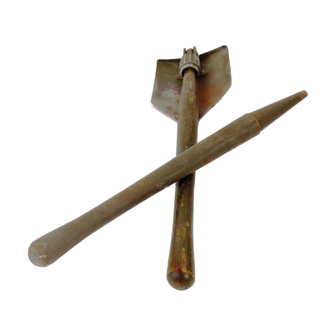 US Army WWII Folding Shovel Handle Replacement show with original folding shovel