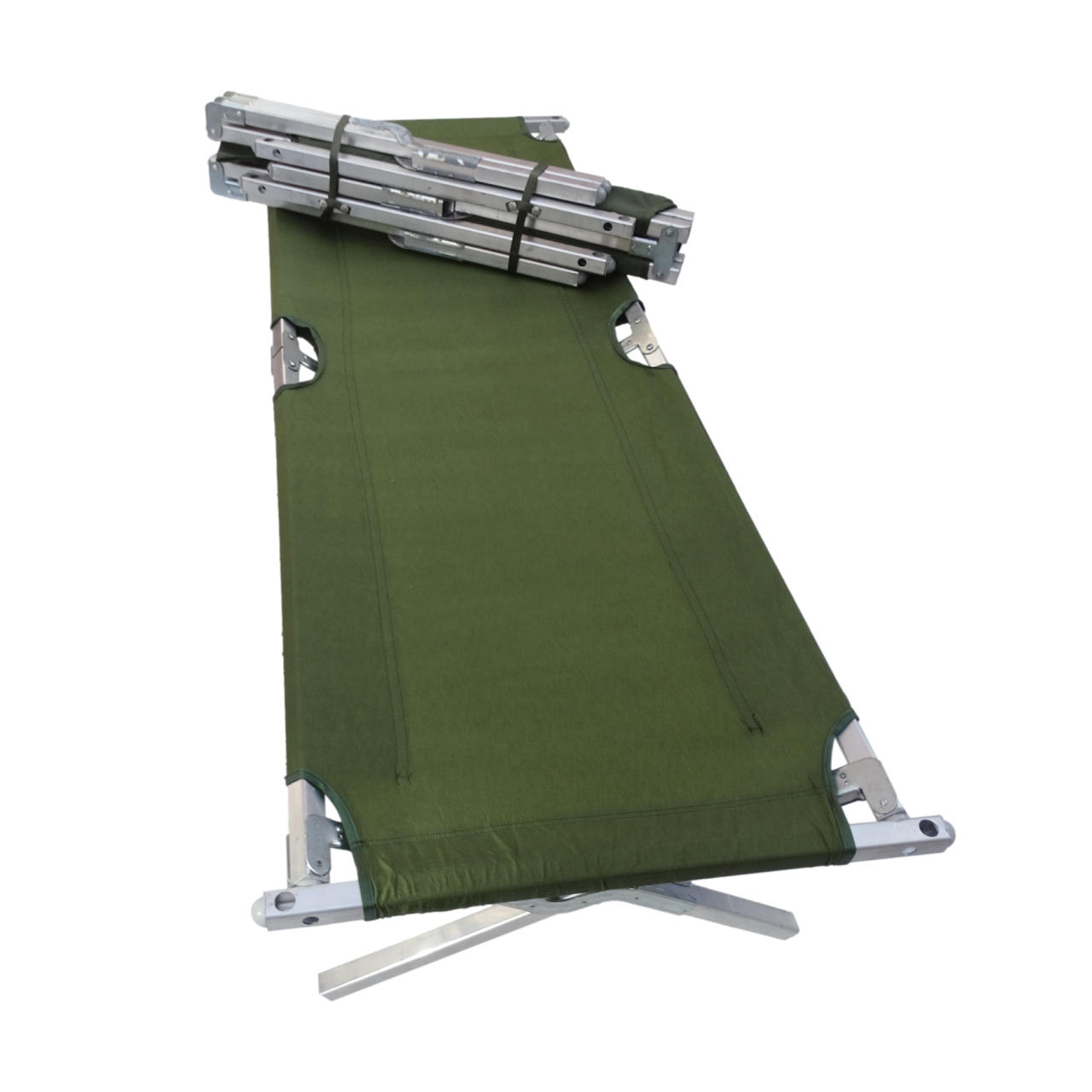Folding aluminum military cot with olive drab canvas fabric and silver aluminum frame, shown fully assembled with folded frame sections visible at head end