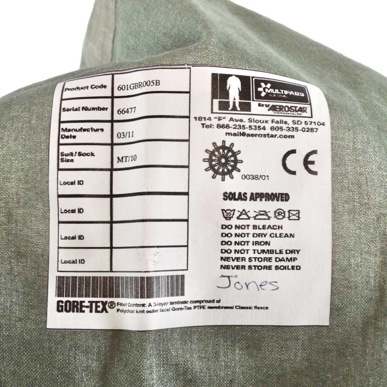 Multifab Survival Raven Aerostar Gore-Tex Dry Suit - label