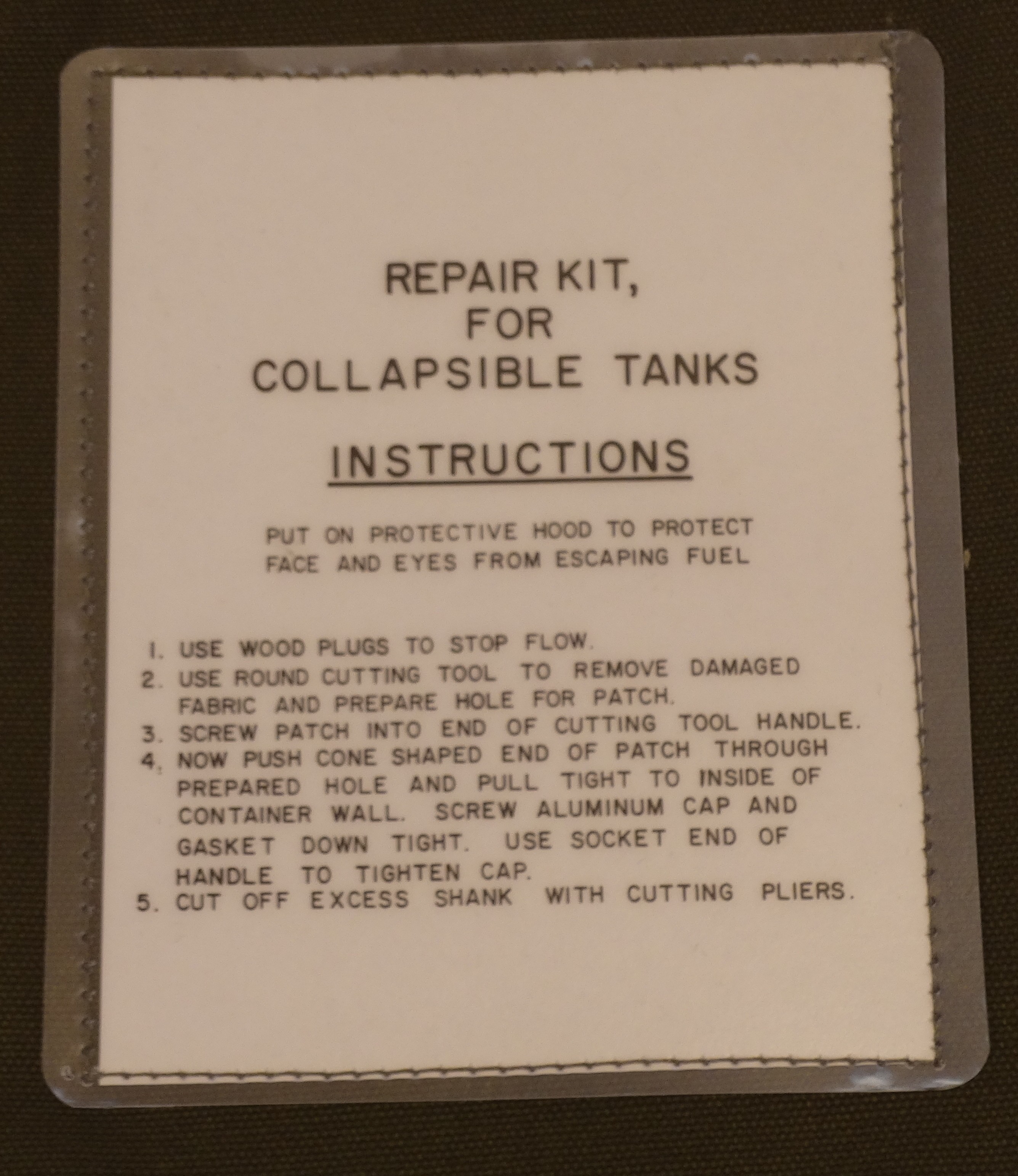 Collapsible Tank Repair Kit Bag label