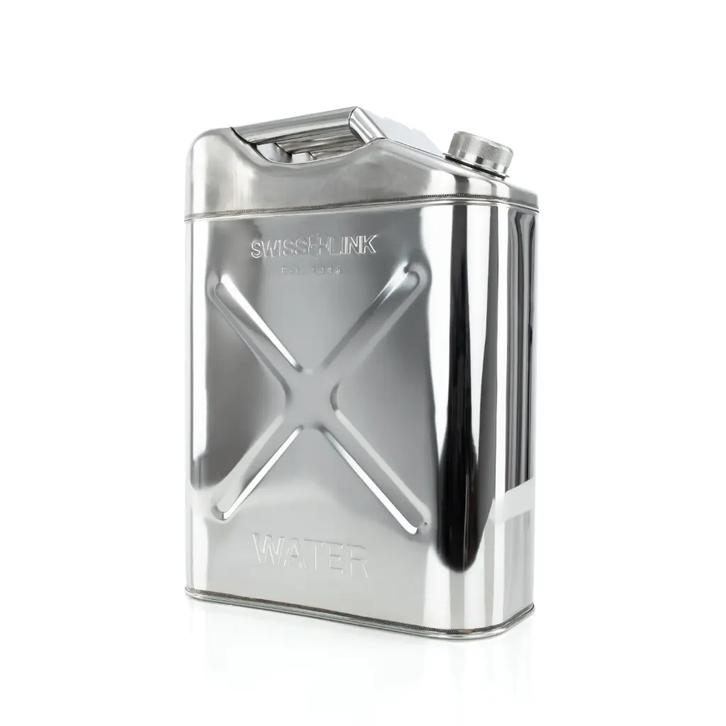 Polished 20 liter stainless steel jerry can for water storage featuring a 14-inch spout and heavy-duty knurled cap.