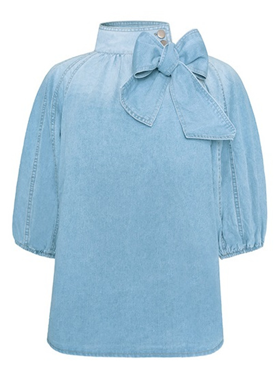 Ganni Striped bow-trimmed peplum denim blouse GANNI