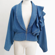 Ruffled Shoulder Fitted Blue Jean Jacket