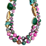 Pink and Green Faceted Agate Biwa Pearl Fall Necklace