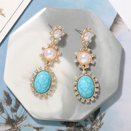 Turquoise Pearl and Rhinestone Earrings