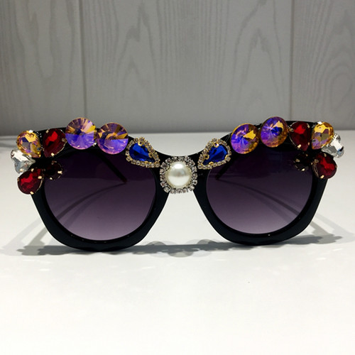 Colorful Crystal and Pearl Luxury Black Cat Eye Sunglasses