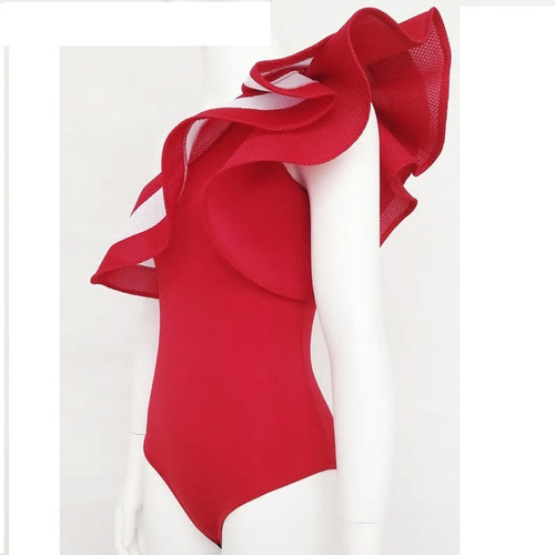 Ruffle One Shoulder Red Swim Suit
