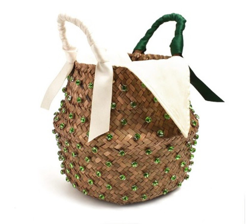 Green Jeweled Straw Bucket Purse 