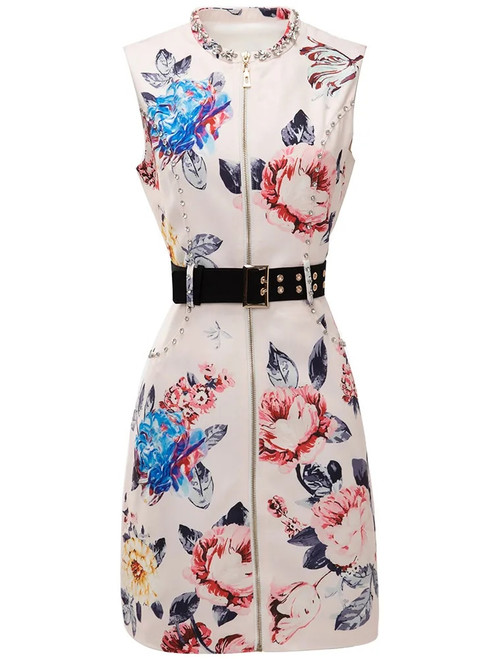 Slim Fit Floral Dress with Jeweled Neckline