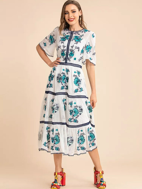 Embroidered Short sleeve Hollow out Flower Summer Dress 