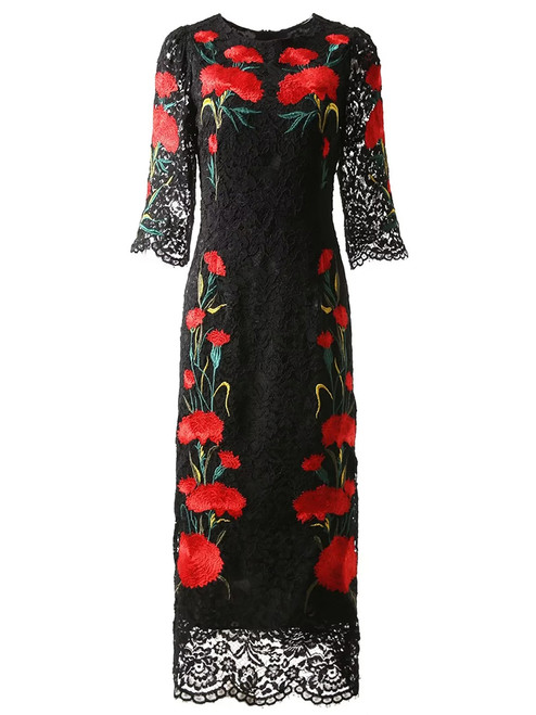 Red Rose Flower Embroidery Midi Lace Dress